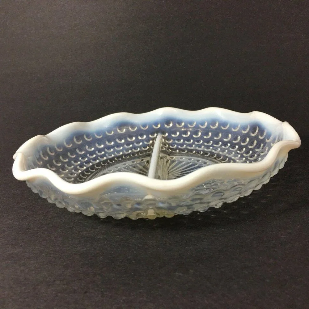 Fenton Opalescent Moonstone Hobnail Dish Glass Divided Round Scallop Edge 7 3/4
